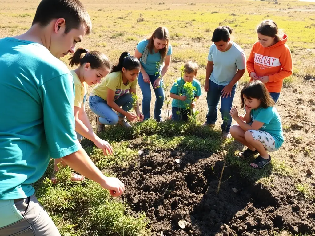 A photograph depicting a group of volunteers planting trees in a deforested area, symbolizing the association's commitment to habitat restoration and conservation efforts.