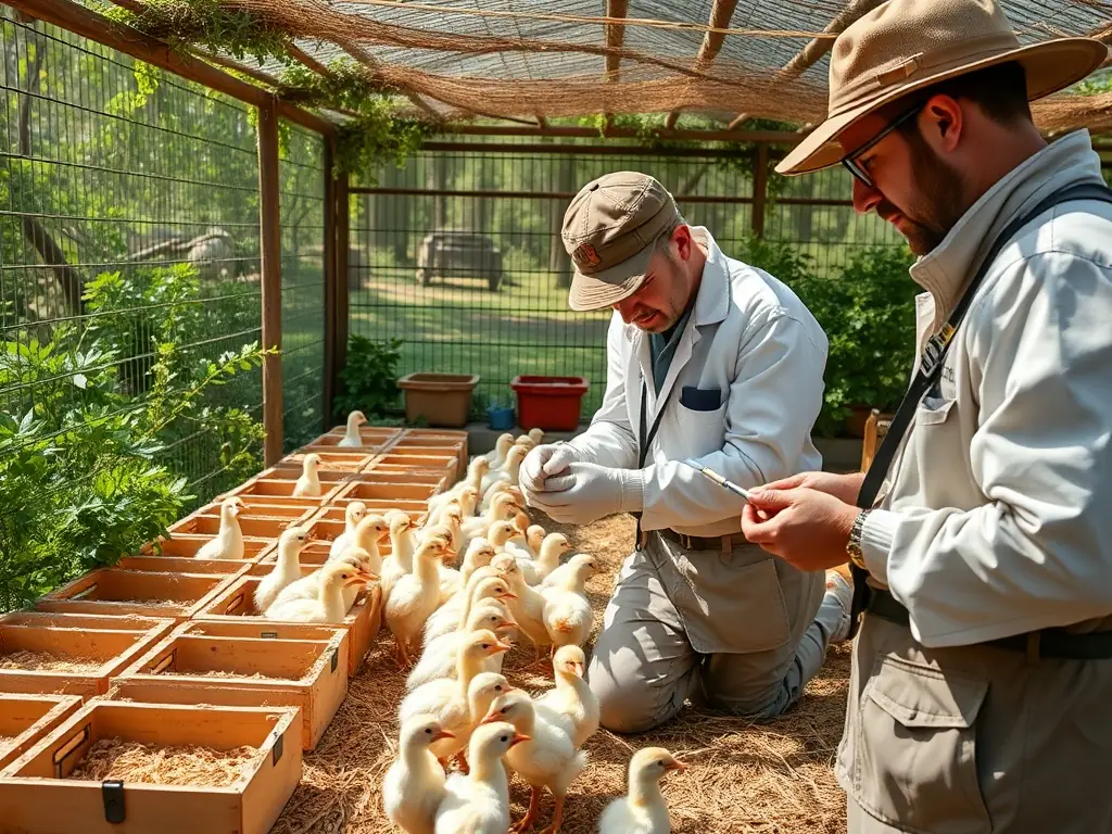 A photograph showing a controlled breeding program for a local bird species, with researchers carefully monitoring the health and development of the chicks in a protected environment.