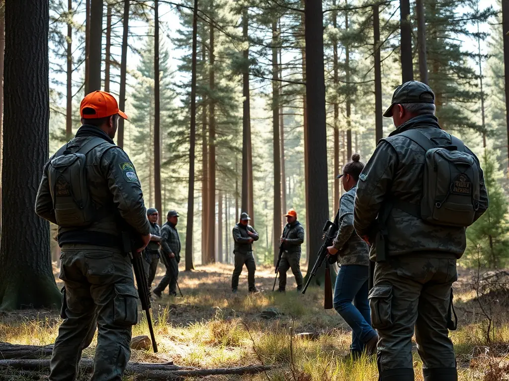 An image of hunters participating in a regulated hunting event, with a focus on responsible hunting practices and adherence to strict quotas to ensure sustainable wildlife management.