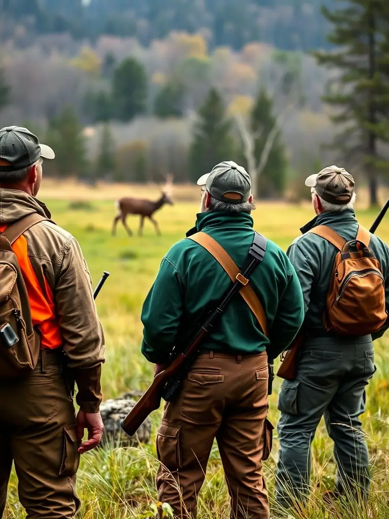A photograph of a group of hunters participating in a regulated hunt, with a focus on responsible hunting practices and wildlife management.