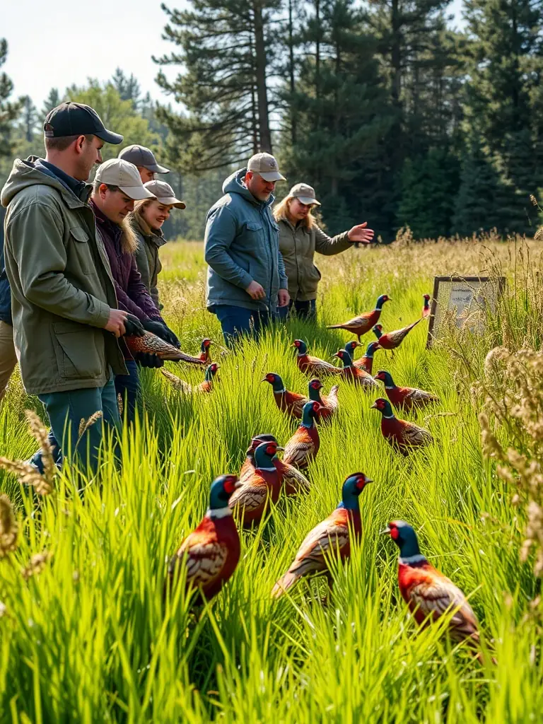 A photograph depicting a group of volunteers releasing pheasants into a managed habitat, showcasing the association's breeding program.