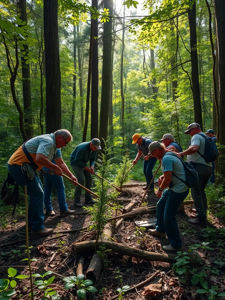 An image showing association members participating in a forest cleanup activity, removing debris and invasive species to promote a healthier habitat for local wildlife.