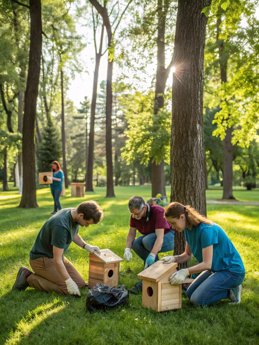A photograph of association members constructing a wildlife observation blind in a forest setting, highlighting habitat improvement initiatives.