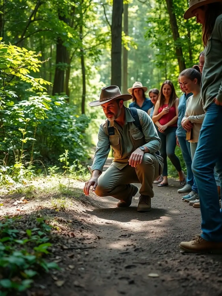 A high-quality image of a wildlife expert leading a workshop on identifying and tracking local deer populations.