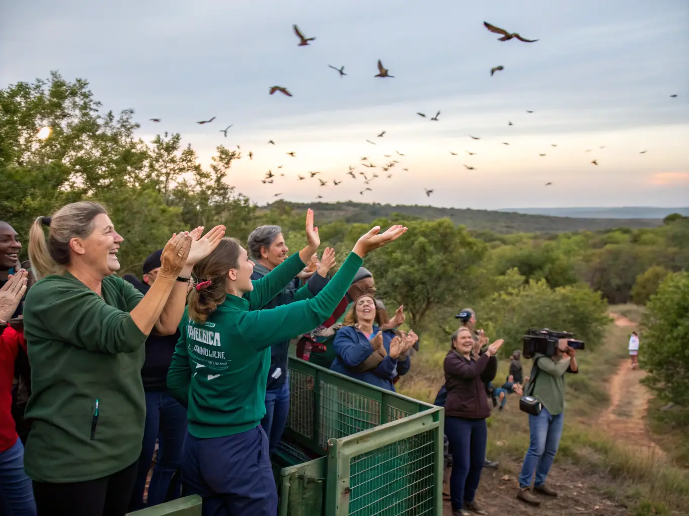 A photograph depicting a group of volunteers releasing a rehabilitated deer back into its natural habitat in the forests of Saint Amant de Boixe, showcasing the association's commitment to wildlife conservation.