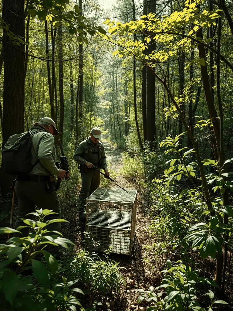 A photograph of association members setting up traps to control invasive species, demonstrating efforts to protect native wildlife.