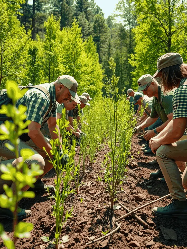 A photograph of a group of volunteers planting trees as part of a reforestation project organized by the association.