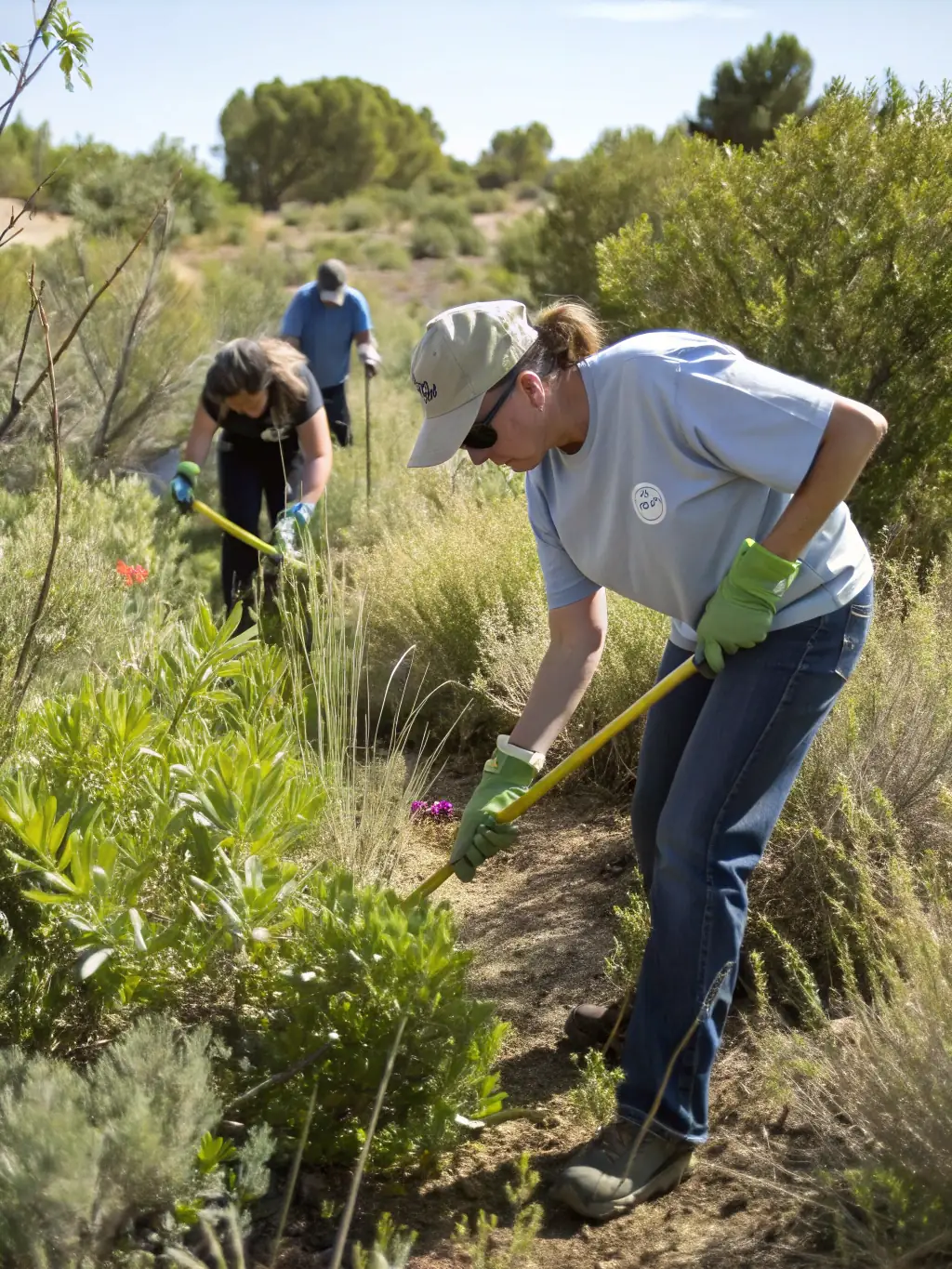 A photo of association members removing invasive plant species from a protected area, highlighting habitat restoration efforts.