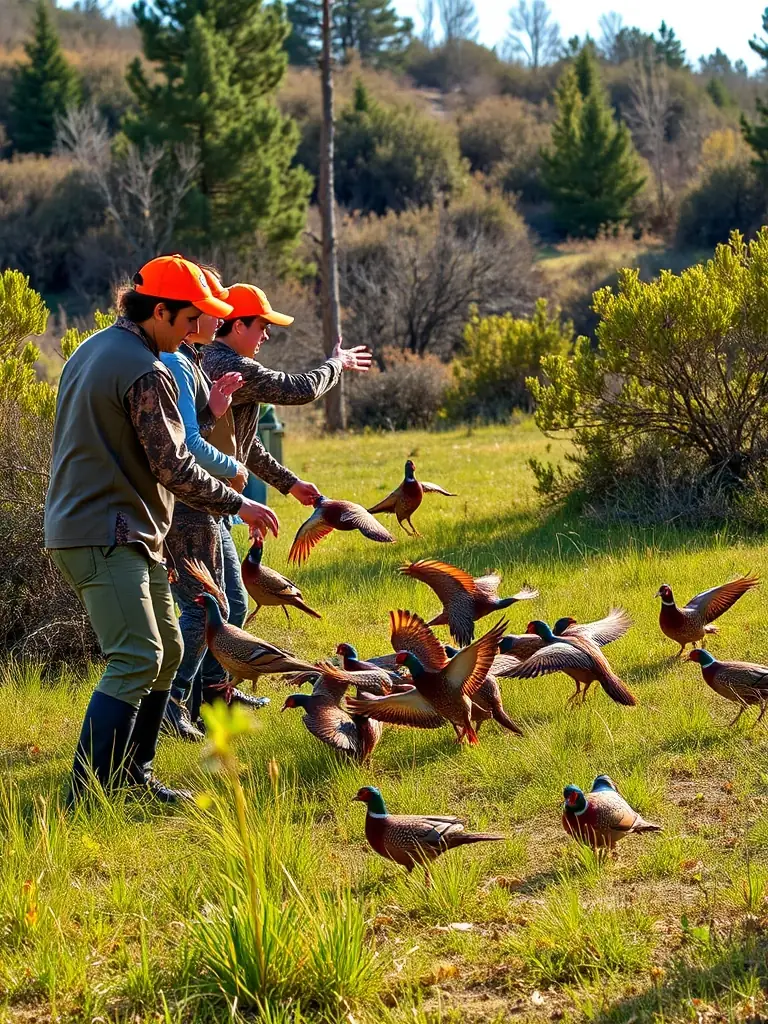 A photograph showcasing the association members releasing pheasants into a controlled breeding area, emphasizing conservation efforts.